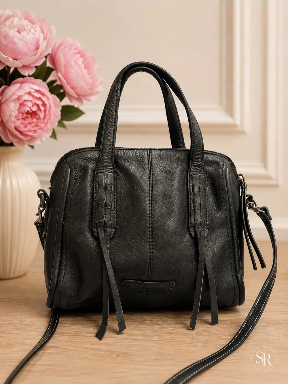 Lucky Brand Amber Black Pebbled Leather Small Satchel Crossbody Bag Purse